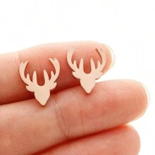 1 Pair Fashion Stainless Steel Golden Deer Head Antlers Stud Earring Charm Animal Earrings For Women Simple Fine Jewelry DIY - Silver - View 10
