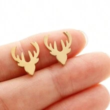 1 Pair Fashion Stainless Steel Golden Deer Head Antlers Stud Earring Charm Animal Earrings For Women Simple Fine Jewelry DIY - Silver - View 5