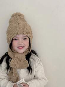 1頂卡其色兒童帽子,針織帶毛襯裡,尤其適合男女孩,帽頂毛球設計,配有交叉圍巾和頭套,適用於冬季 - 卡其色 - 查看 2