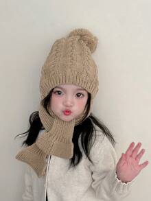 1頂卡其色兒童帽子,針織帶毛襯裡,尤其適合男女孩,帽頂毛球設計,配有交叉圍巾和頭套,適用於冬季 - 卡其色 - 查看 3