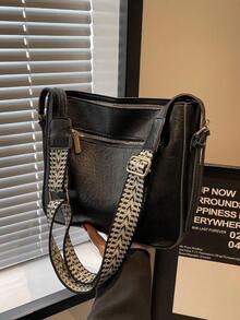 简单实用的四季女士包，宽肩带，简约百搭的小众设计，斜挎单肩都合适 - 黑色 - 查看 5