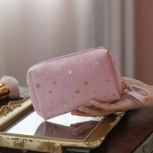 1入組絲絨星印手拿化妝包,簡約便攜收納袋,適合女孩的口紅、手機和其他配件 - 藍色 - 查看 3