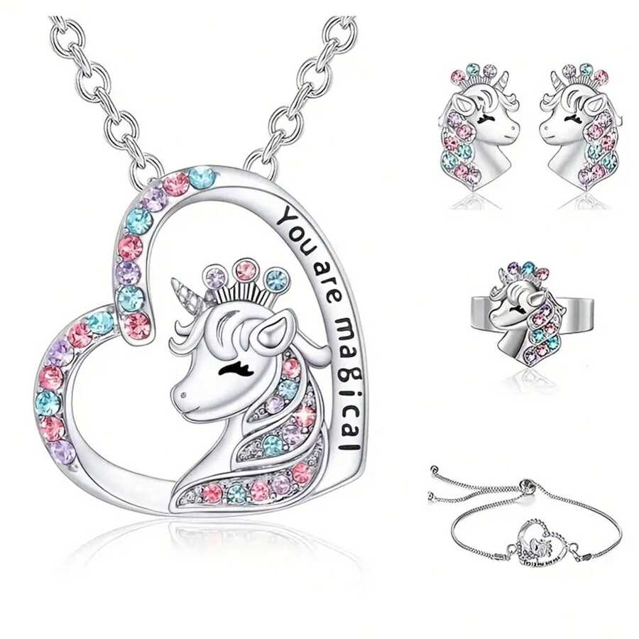 4pcs Cute & Colorful Unicorn Design Jewelry Set For Teenage Girls, Including Necklace, Bracelet, Ring, Earrings, Ideal For Birthday And Back-to-school Gifts - Silver - View 1