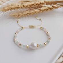 天然珍珠女性波西米亞風手工編織的綠松石手鐲,歐美批發 - 杏色 - 查看 2