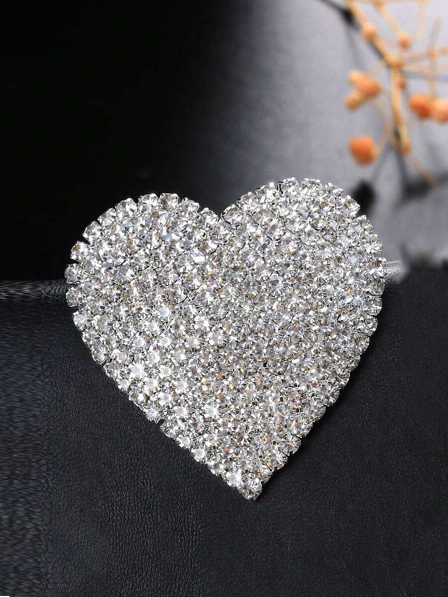 1pc Simple Fashion Full Rhinestone Heart Shaped Brooch, Suitable For Women - Silver - View 1