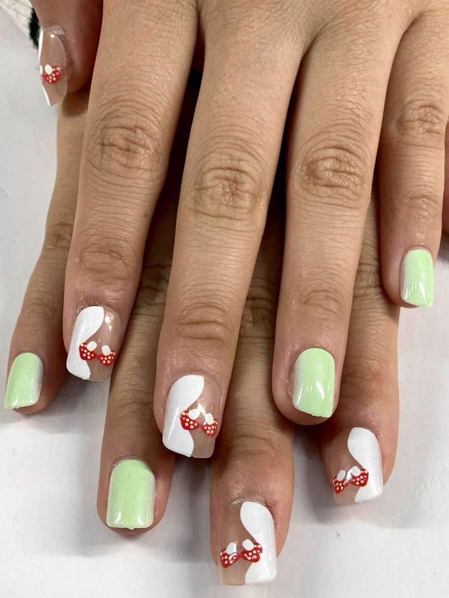 24入組y2k風格短方形及圓形香菇指甲貼片,方便重複使用於派對和日常穿搭 - 彩色 - 查看 1