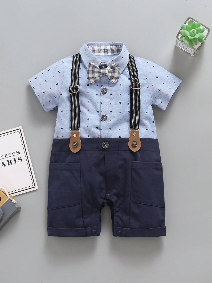 SOLOCOTE 男嬰紳士正裝套裝,適合婚禮、洗禮儀式、特殊場合；連結襯衫 & 吊帶褲 & 領結套裝 - 藍色 - 查看 1