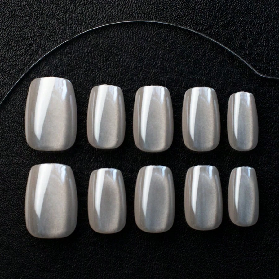 Y2k風格簡約風格短款t型手工可穿戴藝術,灰色純色貓眼指甲藝術設計,適合日常和派對使用,全覆蓋女性人工diy閃粉假甲10入組附工具套裝 - 灰色 - 查看 1