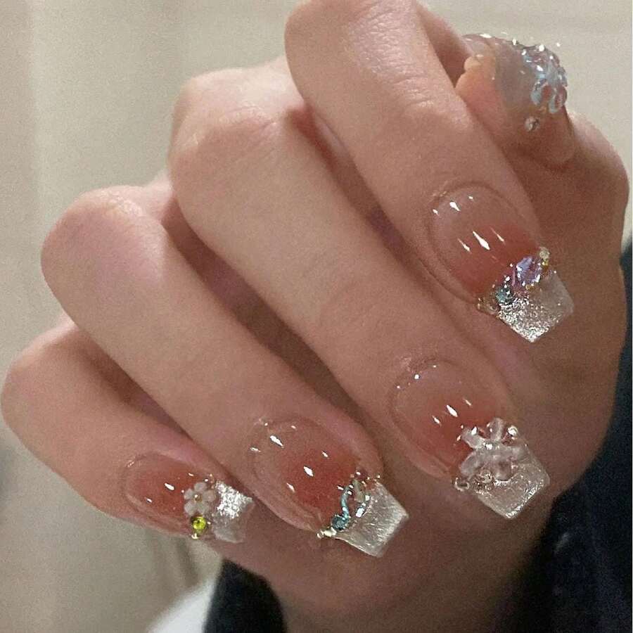 手工磨砂美甲板猫眼法式冰红渐变极简性感花朵网红光疗美甲