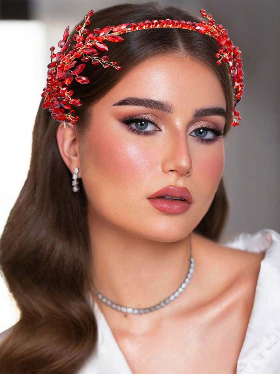 1入紅色新娘頭飾,適用於女性髮型造型 - 紅色 - 查看 1