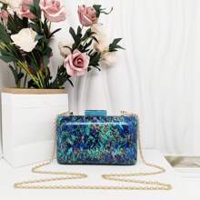 跨境時尚多彩珍珠母貝亞克力手拿包,具歐美風格派對手提袋,內襯亞麻大箱型手拿包 - 藍色 - 查看 7