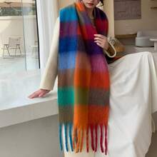 新款厚實流蘇格紋女士圍巾,冬季保暖披肩圍巾情侶款 - 橘色 - 查看 2