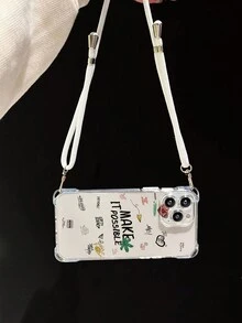 1入透明軟TPU手機殼，帶有標籤和標語設計，四個角掛繩 + 1入白色尼龍掛繩，可伸縮，適用於iPhone