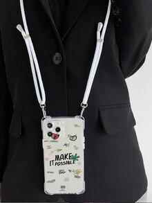 1入透明軟TPU手機殼，帶有標籤和標語設計，四個角掛繩 + 1入白色尼龍掛繩，可伸縮，適用於iPhone