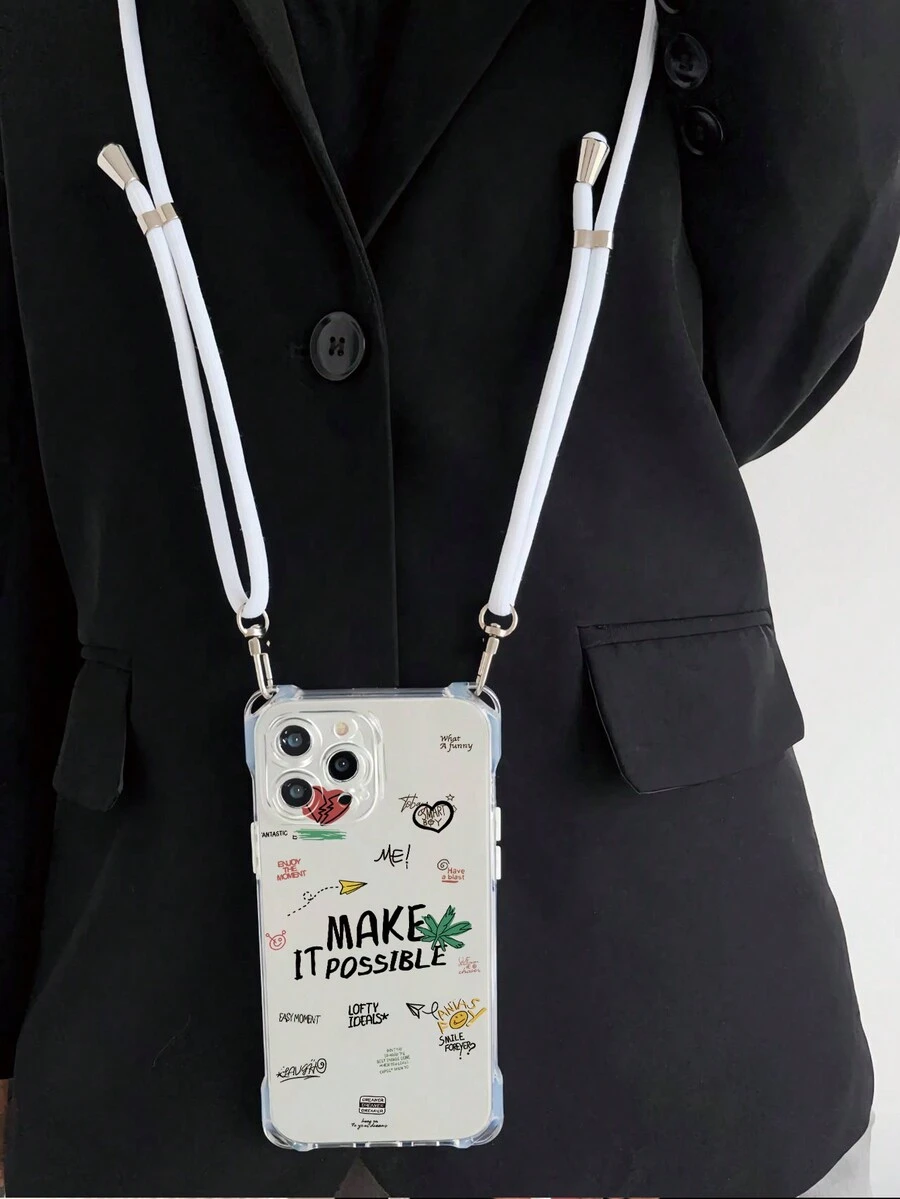 1入透明軟TPU手機殼，帶有標籤和標語設計，四個角掛繩 + 1入白色尼龍掛繩，可伸縮，適用於iPhone