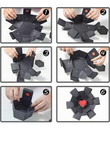 Explosion Box, DIY Explosion Gift Box with 6 Faces, Main Part Assembled Handmade Photo Box for Birthday Gift, Anniversary, Valentine's Day, Wedding - Black - View 6