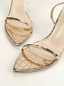 Women's Gold Pointy Toe High Heel Sandals With Metallic Texture Strap, Fashionable And Comfortable For Party