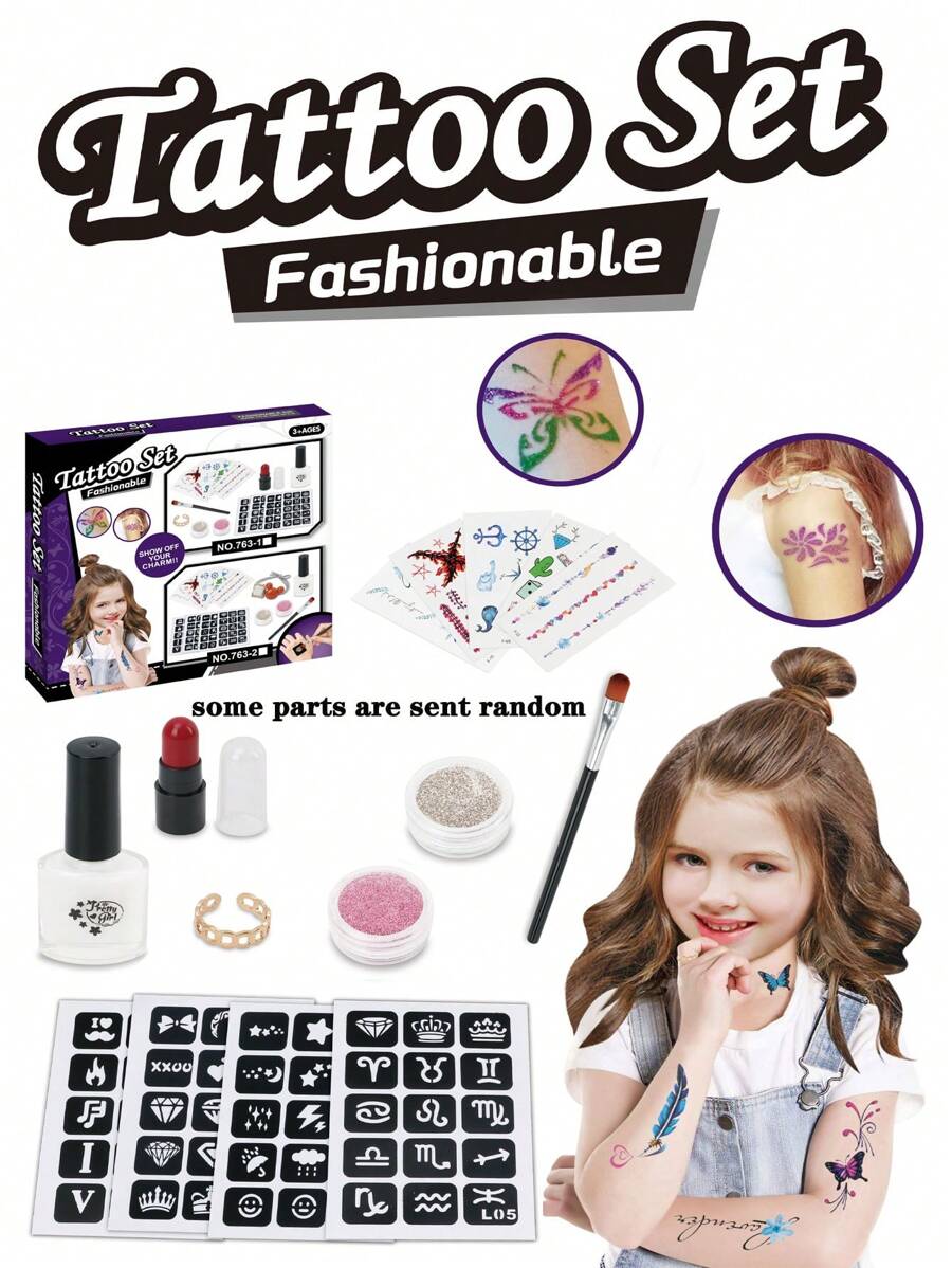 供男女兒童使用DIY閃粉暫時性紋身貼紙套裝，防水易於貼上，採用環保材料，適用於生日禮物、節日禮物或隨機配件。 - 彩色 - 查看 1