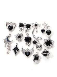 6/13pcs Random Alloy Rhinestone Inlaid Pendant Set In Ins Style With Dark Heart, Bow Knot, Cross, Y2k, Gothic Punk, Cherry, Skull Design For Diy Jewelry Making (Bracelet, Necklace, Earrings, Etc.) Valentines - Black - View 1