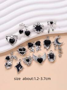 6/13pcs Random Alloy Rhinestone Inlaid Pendant Set In Ins Style With Dark Heart, Bow Knot, Cross, Y2k, Gothic Punk, Cherry, Skull Design For Diy Jewelry Making (Bracelet, Necklace, Earrings, Etc.) Valentines - Black - View 2