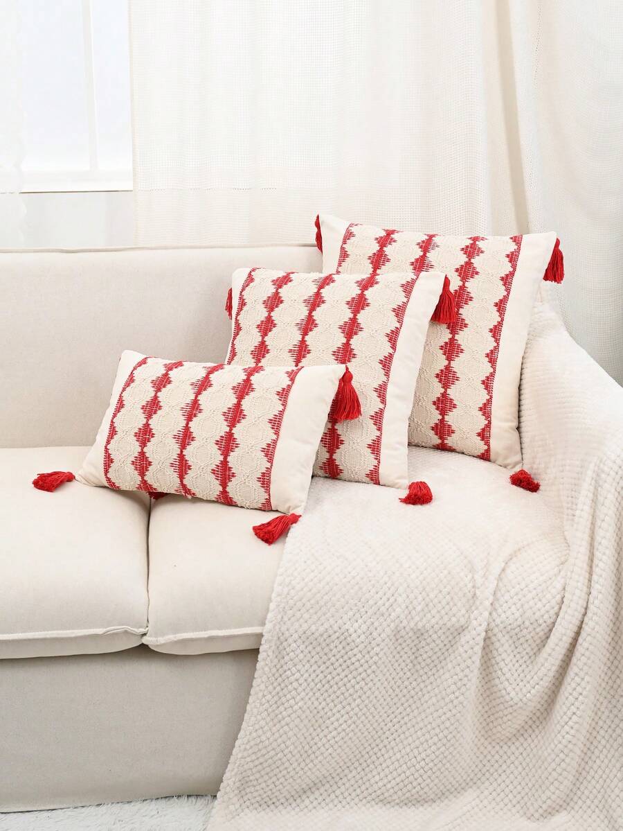 1pc Jacquard Pattern Pillowcase For Bed, Couch, Sofa - Red - View 1