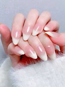 24 件短杏仁形法式粉紅白色漸層邊緣美甲技巧搭配 1 件指甲拋光塊和 1 件果凍貼紙 - 彩色 - 查看 2