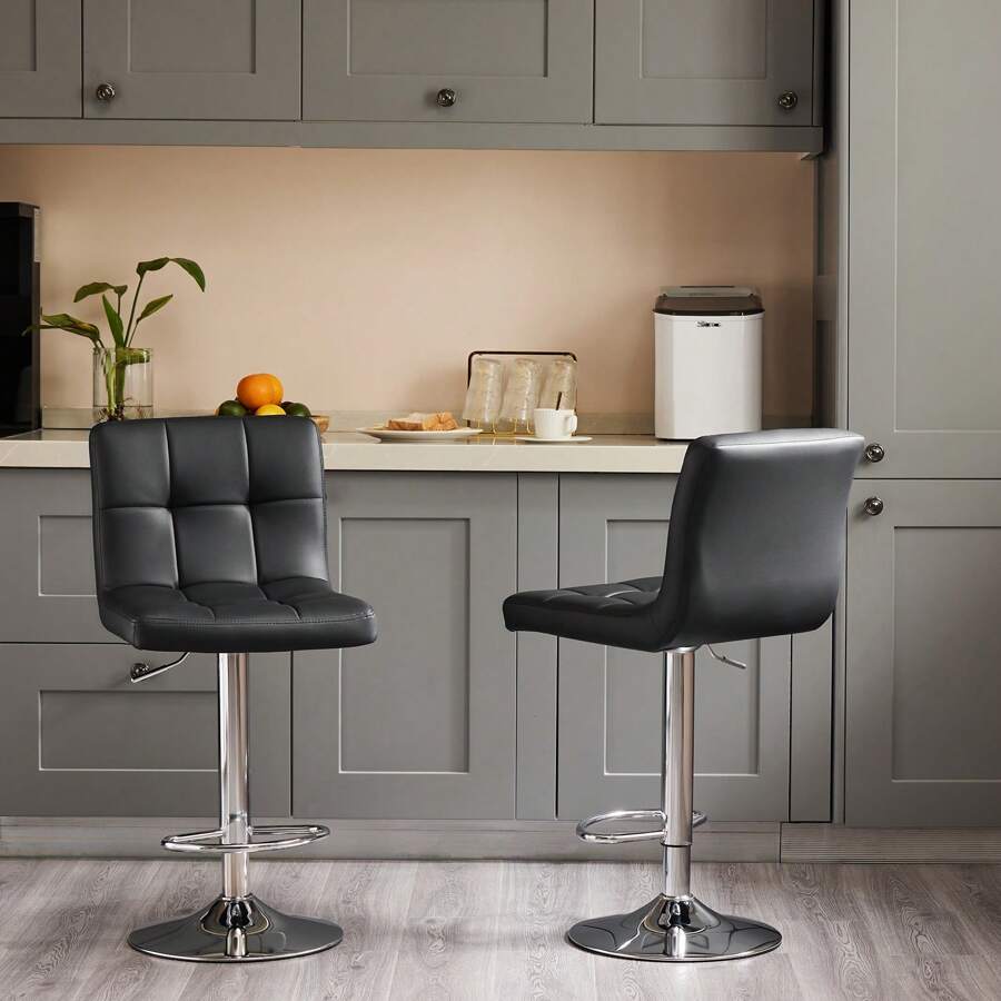 Sweetcrispy Sweetcripy Bar Stools Set Of 2, PU Leather Adjustable Swivel Barstools, Armless Hydraulic Kitchen Counter Height Bar Stools, Thickened Seat Cushion Square Island Barstools With Back - 黑色 - 查看 1