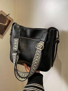 简单实用的四季女士包，宽肩带，简约百搭的小众设计，斜挎单肩都合适 - 黑色 - 查看 6