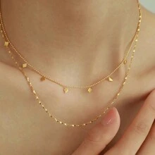 1入組不鏽鋼雙層方形閃爍裝飾高端休閒項鍊 - 金色 - 查看 3