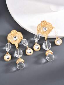 Aboocag 1pair Gold-color French Style Clear Crystal Fringe Shoulder Duster Earrings For Women, Retro Luxury Ear Stud Jewelry - Clear - View 3