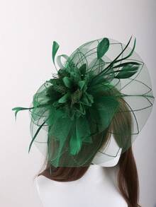 1pc Feather Flower Retro Mesh Headwear Fascinator For Horse Racing Party Evening Performance, Women's Hair Clip Headband - Green - View 4