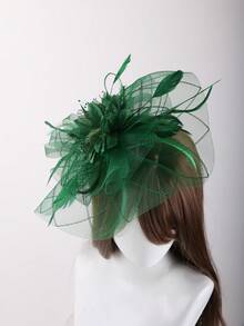 1pc Feather Flower Retro Mesh Headwear Fascinator For Horse Racing Party Evening Performance, Women's Hair Clip Headband - Green - View 5