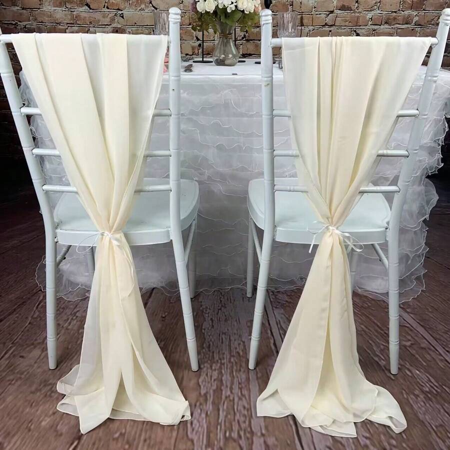 椅背雪紡緞帶，2片/套，73cm X 200cm，適用於婚禮裝飾，派對和日常家居使用 - 米色 - 查看 1