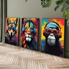 3pcs Set Gamer Funny Art Poster Earphone Animal Tiger Wolf Chimpanzees Gaming Funky Painting Canvas Print Creative Wall Picture For Play Room,Dorm,Bedroom,Teen Room,Home Decoration,No Frame - Apricot - View 3