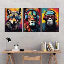 3pcs Set Gamer Funny Art Poster Earphone Animal Tiger Wolf Chimpanzees Gaming Funky Painting Canvas Print Creative Wall Picture For Play Room,Dorm,Bedroom,Teen Room,Home Decoration,No Frame - Apricot - View 1