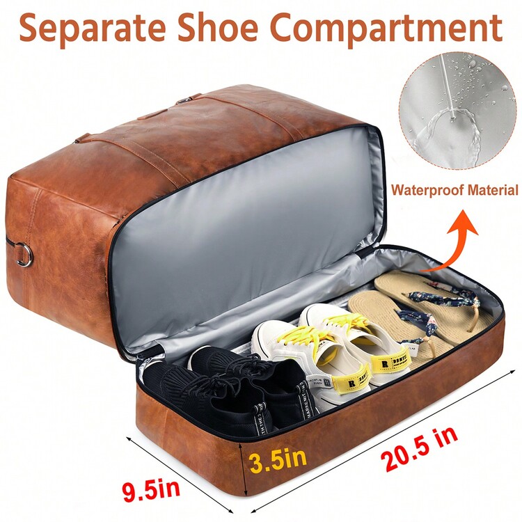 通用款周末旅行者隨身行李袋,附帶隨身行李袋,防水鞋格,皮革手提運動袋,商務旅行旅行袋,健身袋,校園用大袋,假期用的復古豪華旅行套件,旅行用品,旅行組織袋,旅行必備配件 - 棕色 - 查看 3