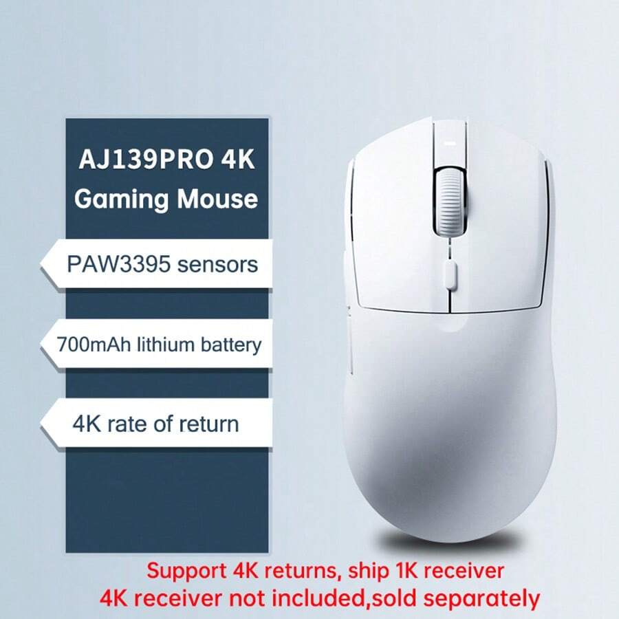 Ajazz 無線遊戲滑鼠65g超輕量級,支援4k Return Paw3395；適合中大手型,適用於辦公室、遊戲（除去4k接收器）aj139pro 4k白色 - 白色 - 查看 1