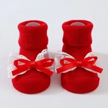 嬰兒蕾絲蝴蝶結裝飾髮箍+防滑地板襪套組,包含1條髮箍和1雙適用於學習走路的襪子 - 紅色 - 查看 3