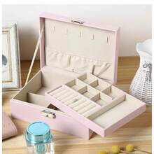 1pc Double Layered Jewelry Storage Box With Lock, Pu Leather Material, Large Capacity For Earrings, Necklaces, Bracelets, Rings, Etc. - Black - View 2