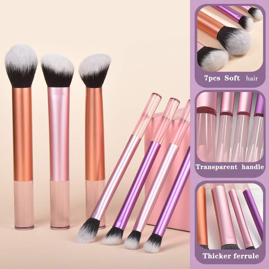 专业化妆刷套装，粉色透明手柄，7支装，包含散粉刷、腮红刷、修容刷、眼影刷、高光刷，美妆工具，化妆刷套装，化妆刷套装，化妆刷套装，全套化妆刷，化妆刷套装，全套化妆工具，化妆刷套装，化妆刷套装，化妆礼盒套装