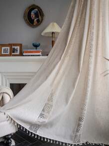 Bubaba 1pc Beige Hollow Out Sheer Curtain, Bohemian Vintage Linen Crochet Patchwork Tassels Decor Rod Pocket Bedroom Window Curtains, Suitable For Living Room, Bedroom, Kitchen, Cafe, Gym - For Daily, Holiday, Seasonal Use - Beige - View 3