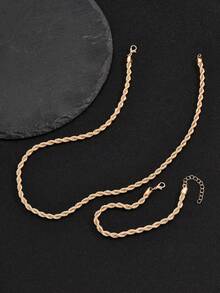 1set Men Minimalist Fashion Rope Chain Necklace & Bracelet For Daily Decoration For Street Jewelry - Yellow Gold - View 2