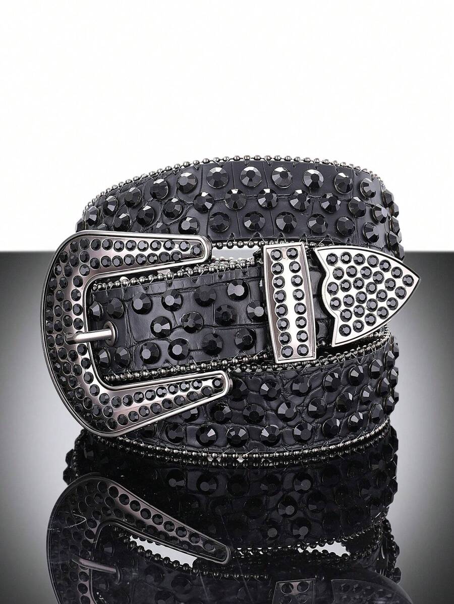 1 件装黑色多巴胺重工业西式男士腰带镶水钻 适合男朋友礼物街头万圣节 - 黑色 - 查看 1