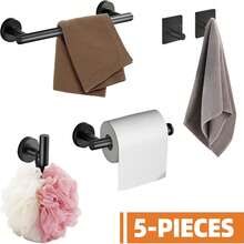 5pcs Stainless Steel Bathroom Hardware Set With Drilling Installation, Including Towel Rail, Toilet Paper Holder, Towel Rack And Bathroom Towel Bar, Easy To Install And Suitable For Combination, Space-Saving Design, Multicolor Optional, Modern Minimalist Style - Black - View 4