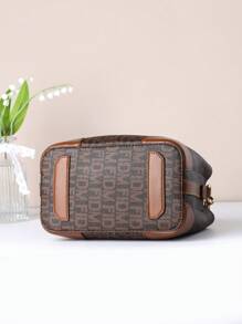 Letter Detail Bucket Bag, Fashion Top Handle Purse, Stylish Faux Leather Shoulder Bag - Mocha Brown - View 3