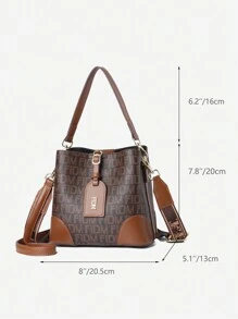 Letter Detail Bucket Bag, Fashion Top Handle Purse, Stylish Faux Leather Shoulder Bag - Mocha Brown - View 6