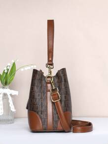 Letter Detail Bucket Bag, Fashion Top Handle Purse, Stylish Faux Leather Shoulder Bag - Mocha Brown - View 7