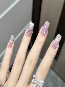 24 件/包紫色蝴蝶結設計可拆式假指甲尖,風格柔和 - 紫色 - 查看 1