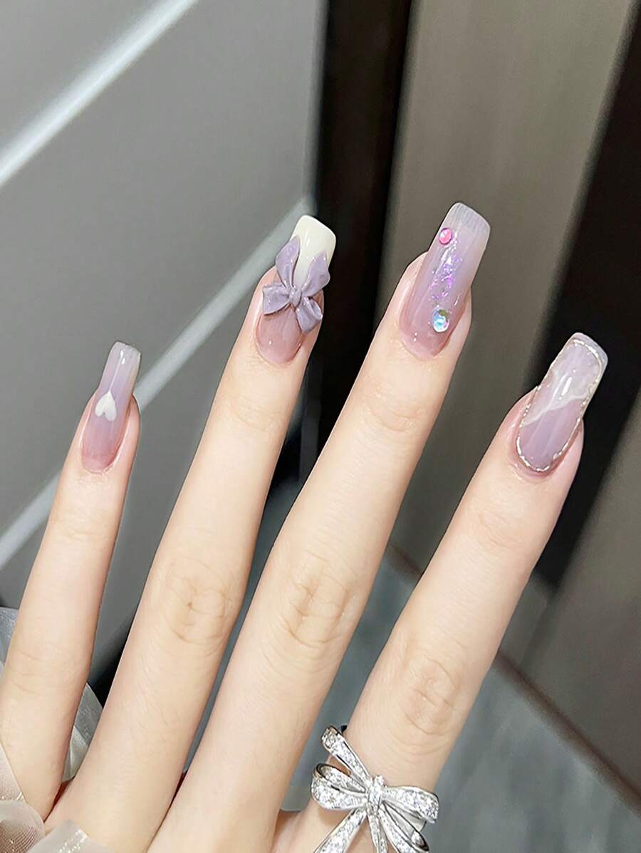 24 件/包紫色蝴蝶結設計可拆式假指甲尖,風格柔和 - 紫色 - 查看 1