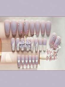 24 件/包紫色蝴蝶結設計可拆式假指甲尖,風格柔和 - 紫色 - 查看 4